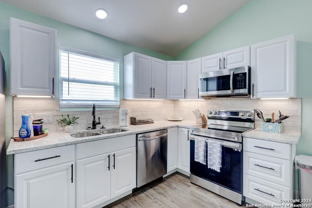 Interior, Kitchen, Recessed Lighting, Stainless Steel Appliances, Wood Texture Flooring
