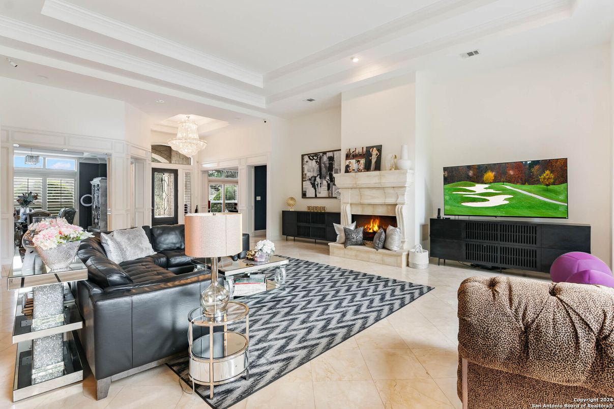 Chandelier, Fireplace, Interior, Living room, Recessed Lighting