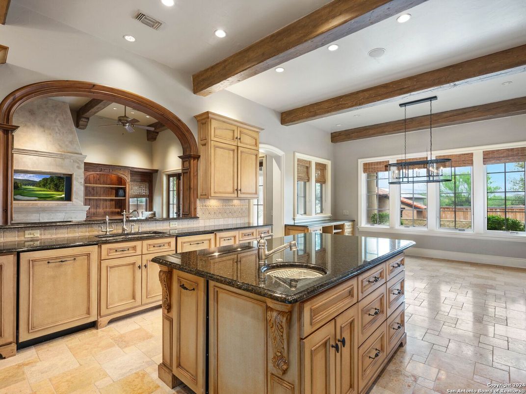 Chandelier, Interior, Kitchen, Pendant Lights, Recessed Lighting, Wooden Beams