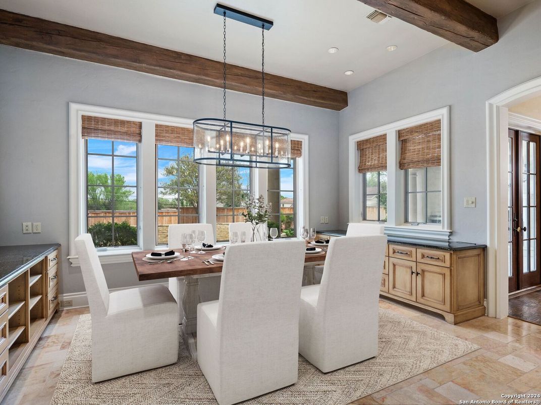 Dining room, Interior, Pendant Lights, Recessed Lighting, Wooden Beams