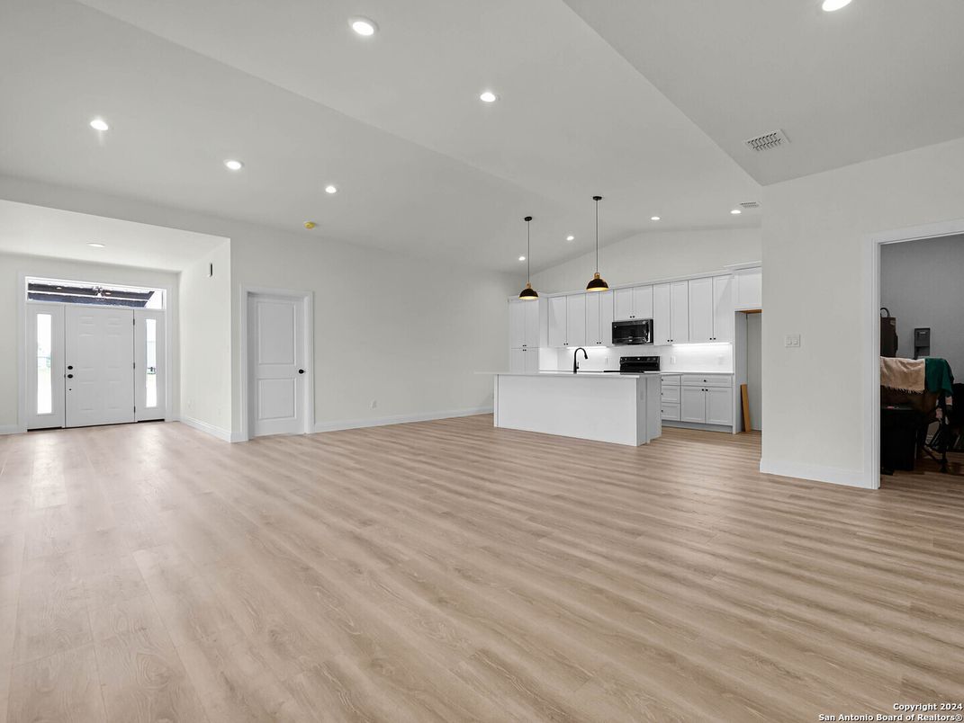 Interior, Kitchen, Pendant Lights, Recessed Lighting, Wood Texture Flooring