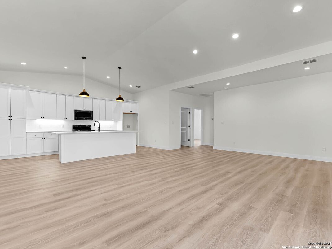 Empty room, Interior, Kitchen, Pendant Lights, Recessed Lighting, Stainless Steel Appliances, Wood Texture Flooring