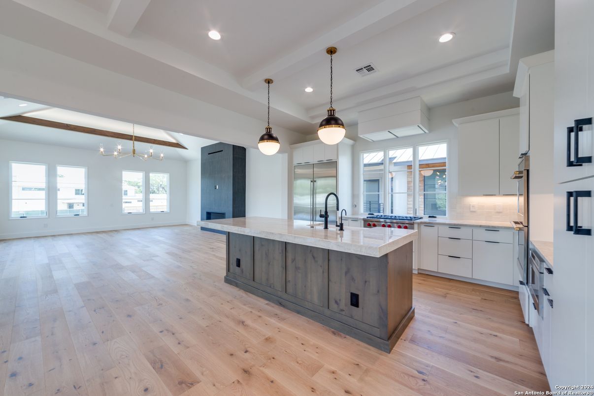 Interior, Kitchen, Pendant Lights, Recessed Lighting, Wood Texture Flooring
