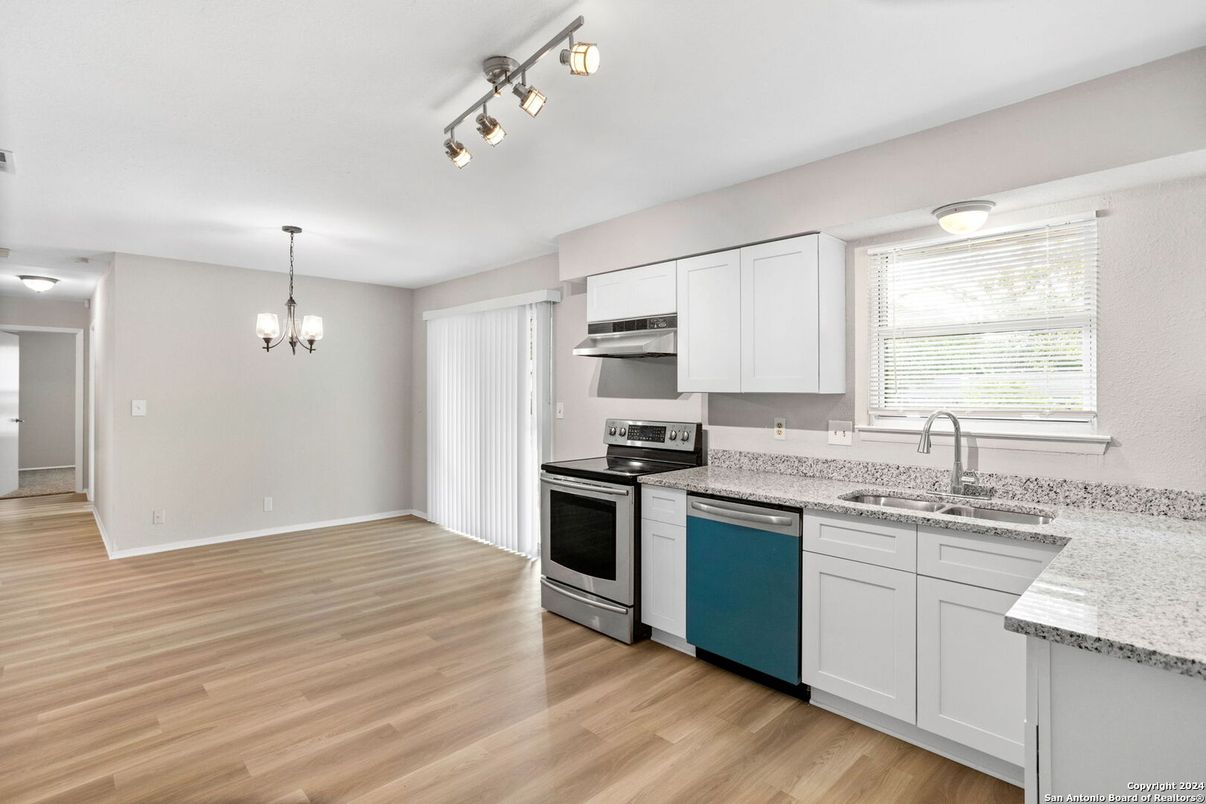 Chandelier, Interior, Kitchen, Stainless Steel Appliances, Wood Texture Flooring