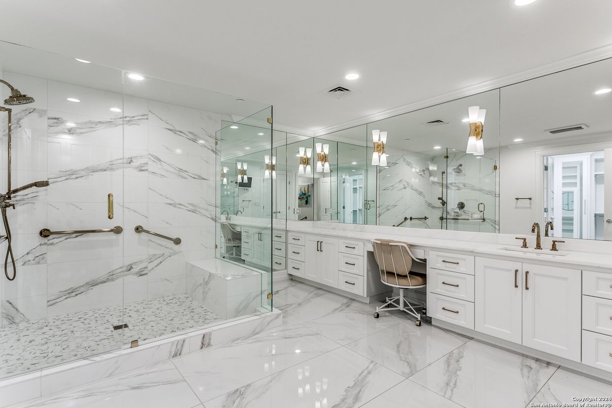 Bathroom, Dual Sink Vanities, Glass Shower, Interior, Marble, Marble Walls, Recessed Lighting
