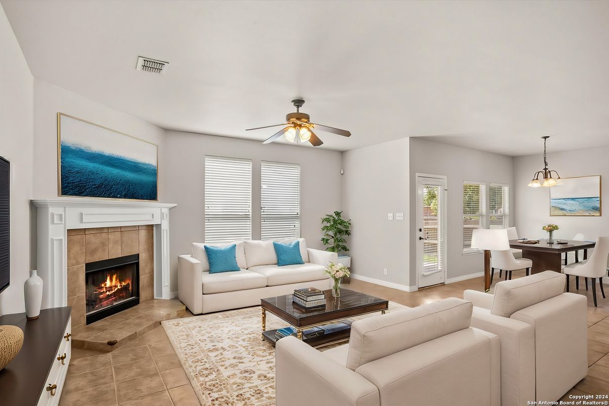 Dining room, Fireplace, Interior, Living room, Pendant Lights