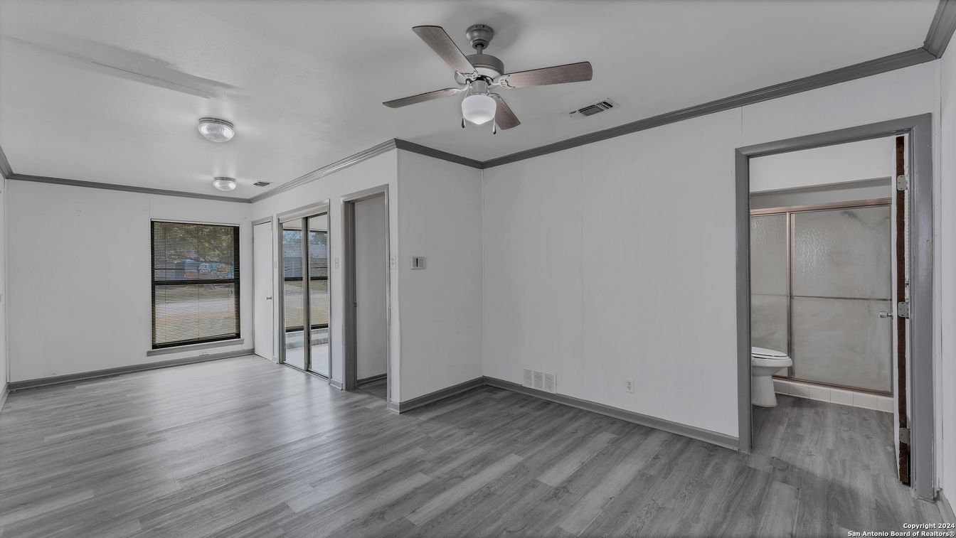 Bathroom, Empty room, Glass Shower, Interior, Wood Texture Flooring