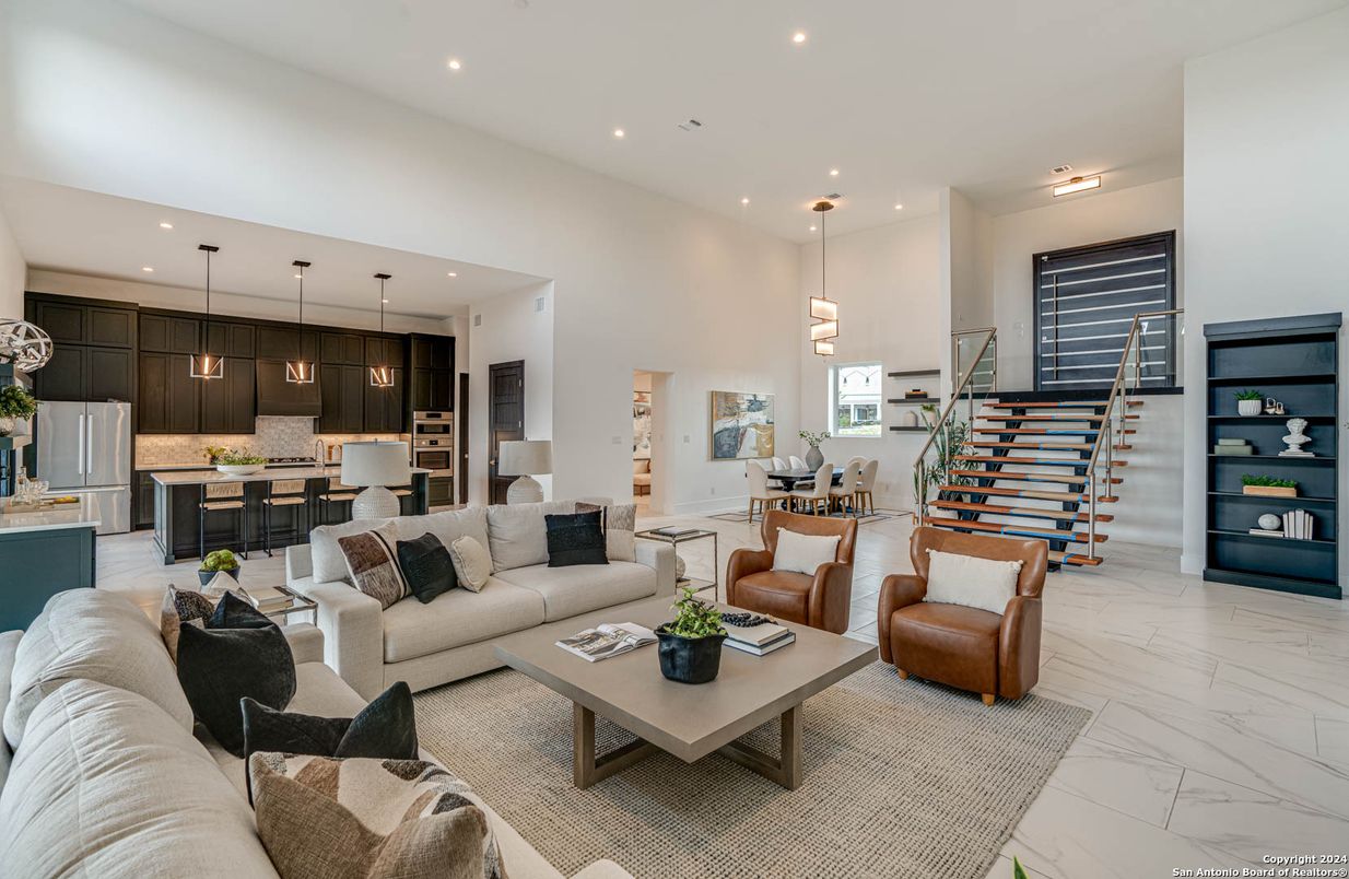 Dining room, Interior, Kitchen, Living room, Marble, Pendant Lights, Recessed Lighting, Stainless Steel Appliances