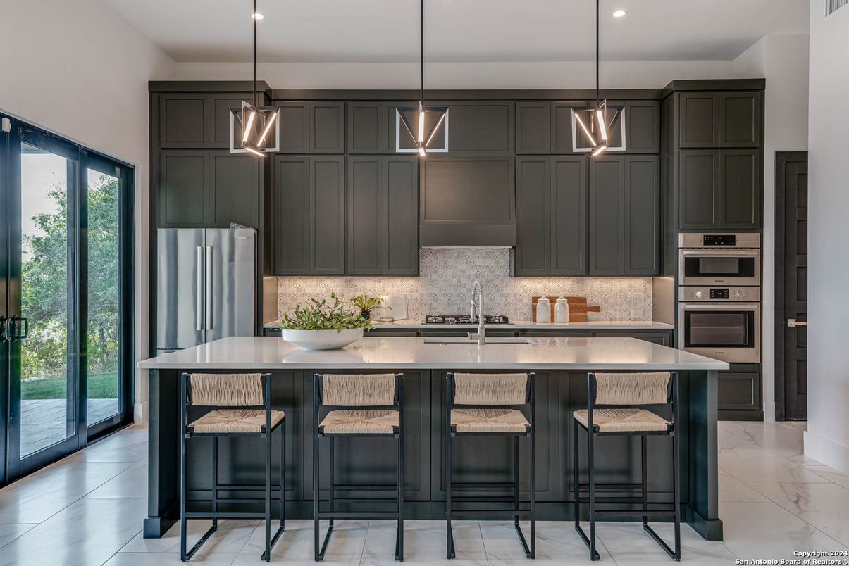 Interior, Kitchen, Marble, Pendant Lights, Recessed Lighting, Stainless Steel Appliances
