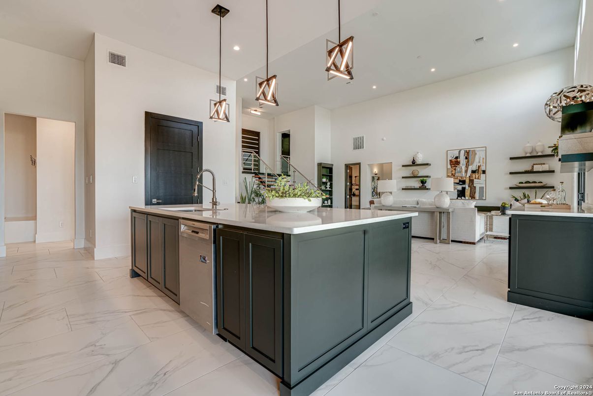 Interior, Kitchen, Marble, Pendant Lights, Recessed Lighting, Stainless Steel Appliances