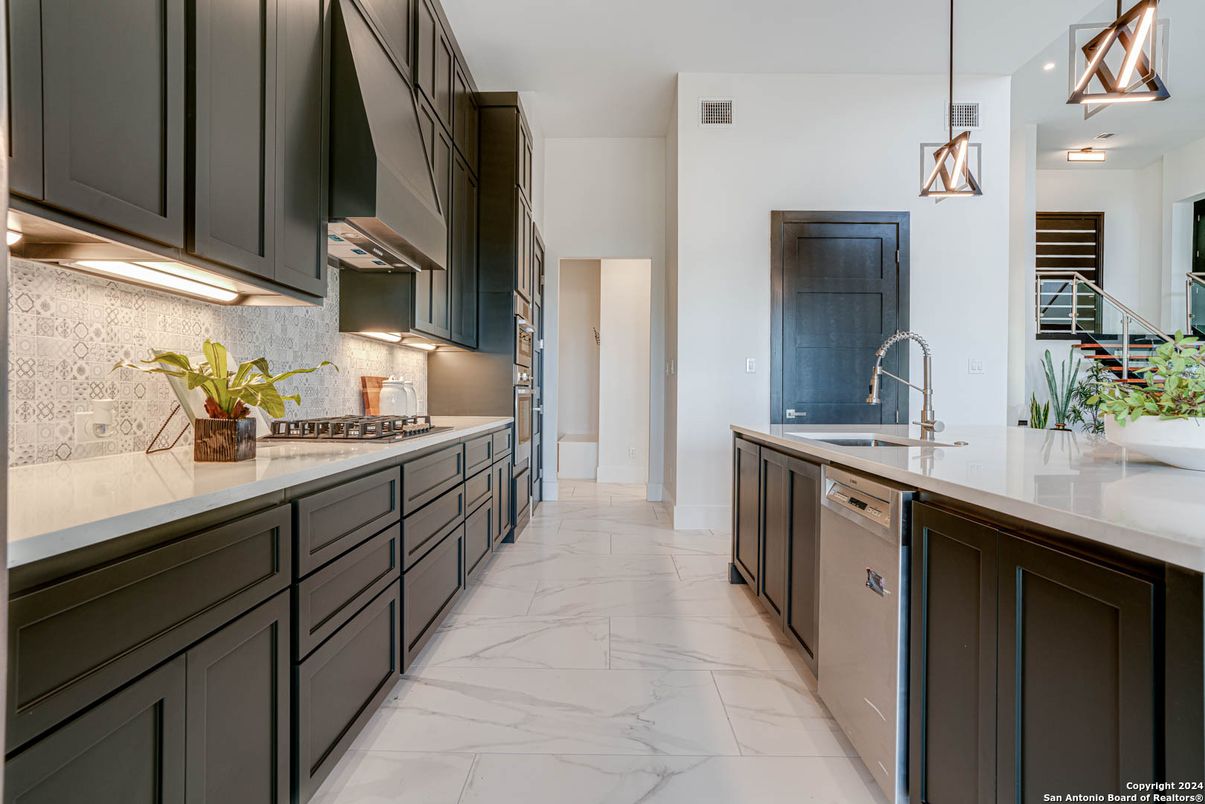 Interior, Kitchen, Marble, Pendant Lights, Recessed Lighting, Stainless Steel Appliances