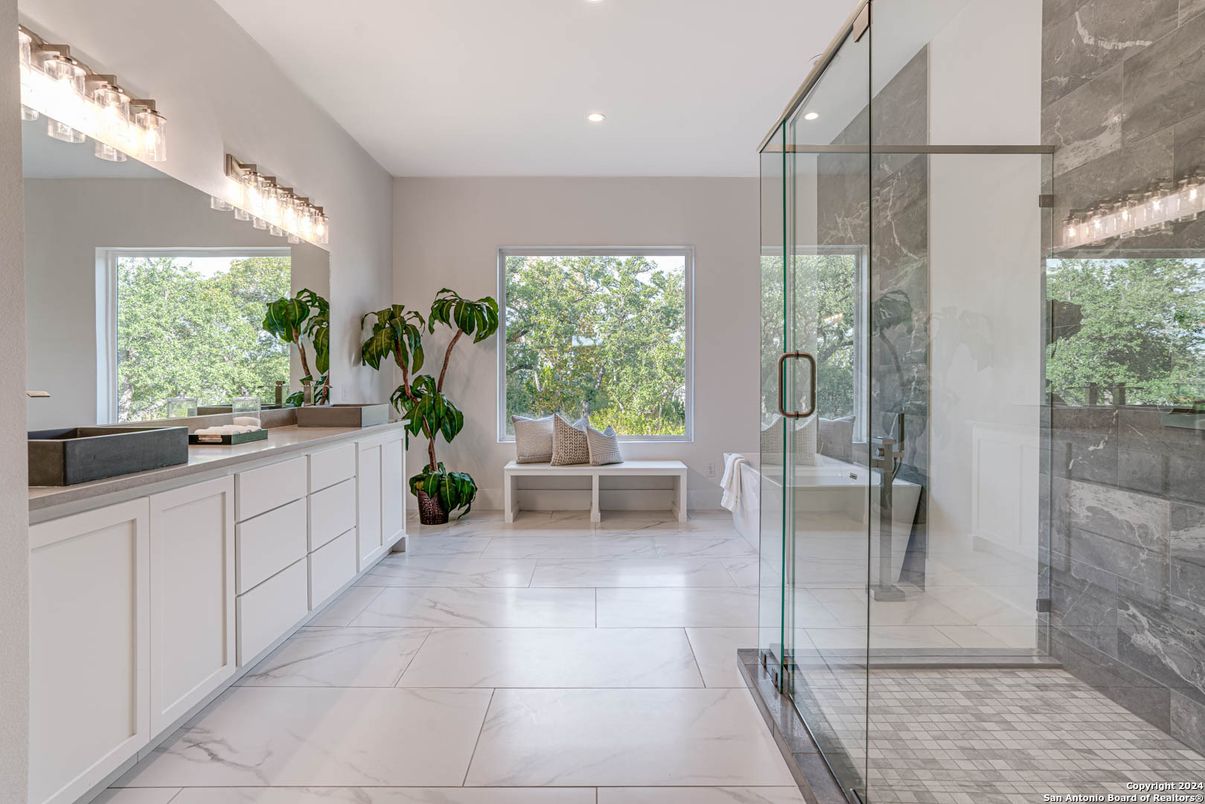 Bathroom, Glass Shower, Interior, Marble, Recessed Lighting