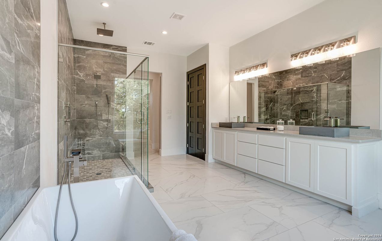 Bathroom, Dual Sink Vanities, Free Standing Baths, Glass Shower, Interior, Marble, Recessed Lighting