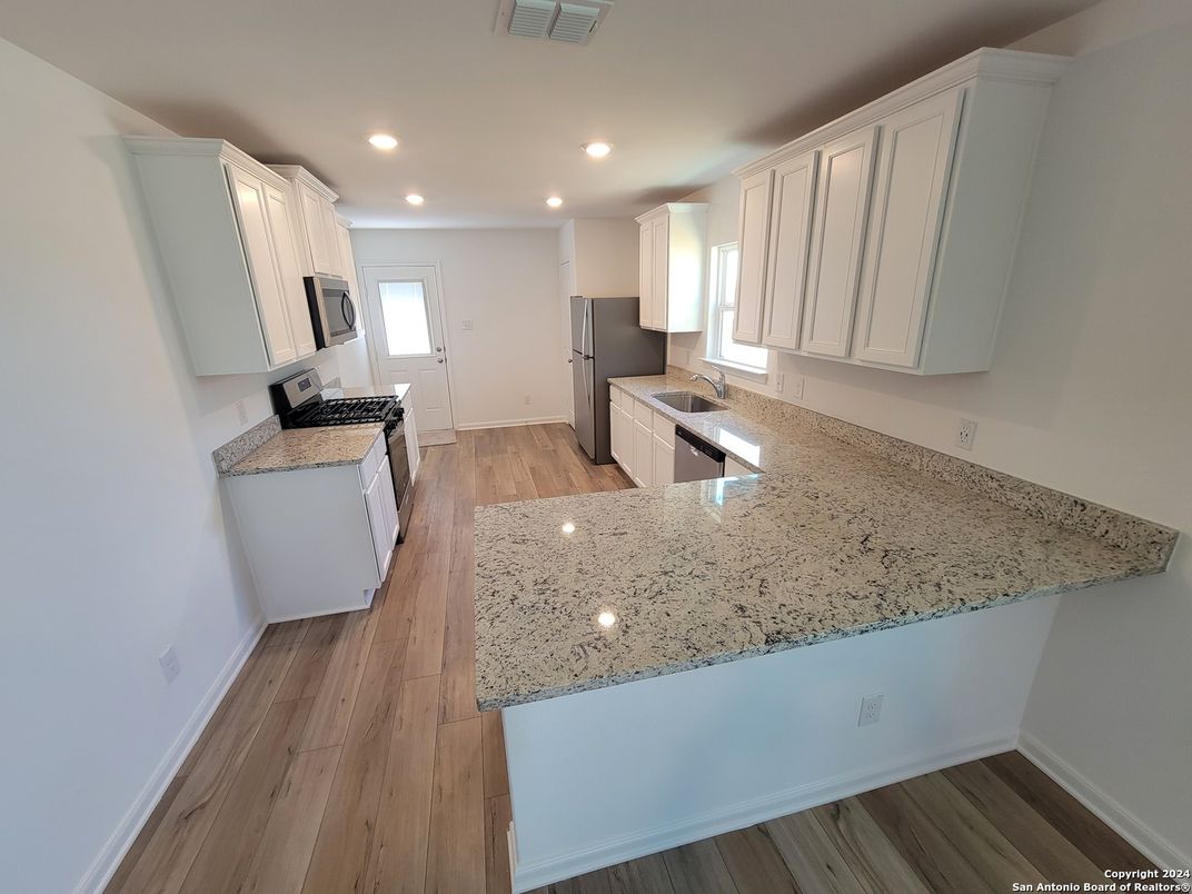 Interior, Kitchen, Recessed Lighting, Wood Texture Flooring