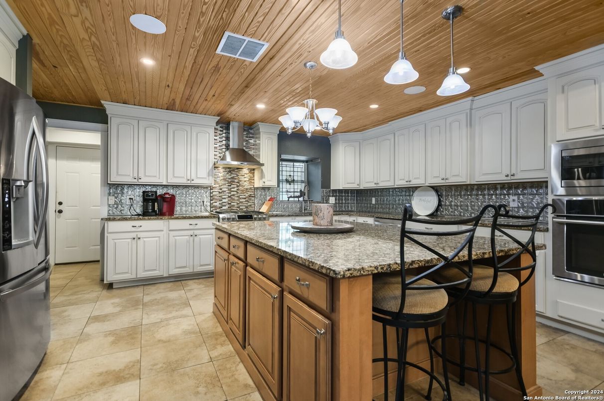 Interior, Kitchen, Pendant Lights, Recessed Lighting, Stainless Steel Appliances, Wooden Ceilings