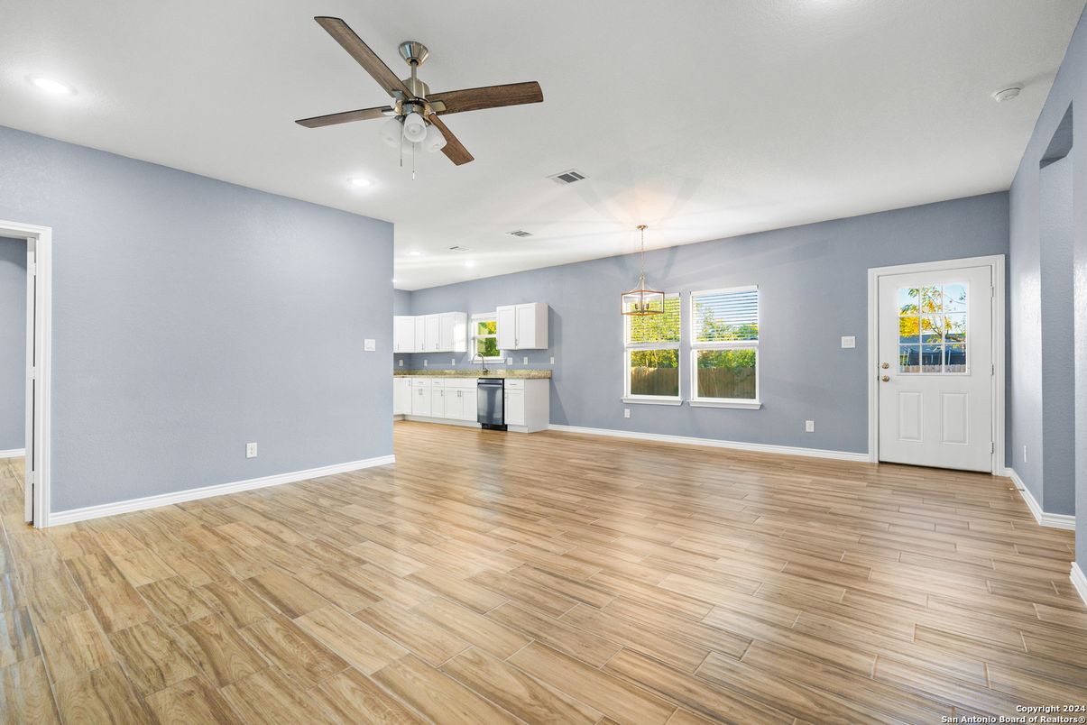Empty room, Interior, Kitchen, Pendant Lights, Recessed Lighting, Wood Texture Flooring