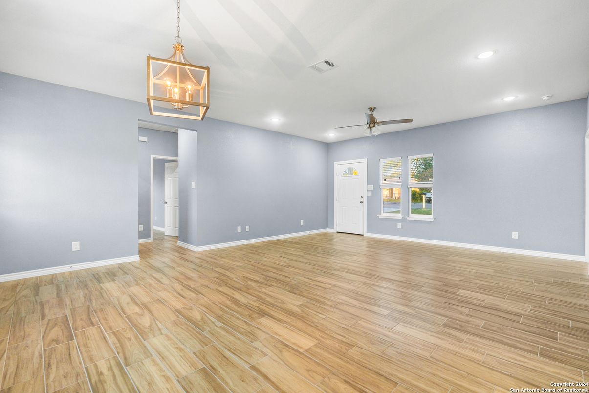 Empty room, Interior, Pendant Lights, Recessed Lighting, Wood Texture Flooring