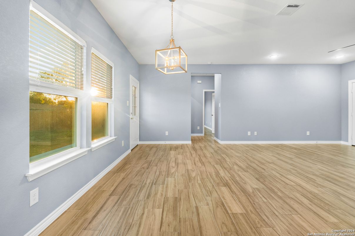 Empty room, Interior, Pendant Lights, Recessed Lighting, Wood Texture Flooring