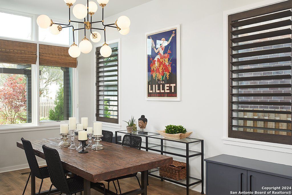 Dining room, Interior, Pendant Lights, Wood Texture Flooring