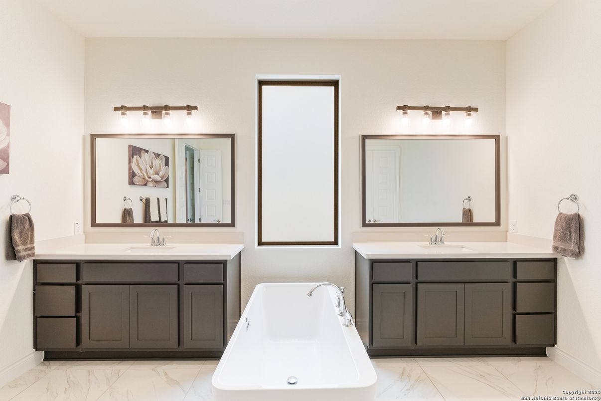 Bathroom, Dual Sink Vanities, Free Standing Baths, Interior, Marble