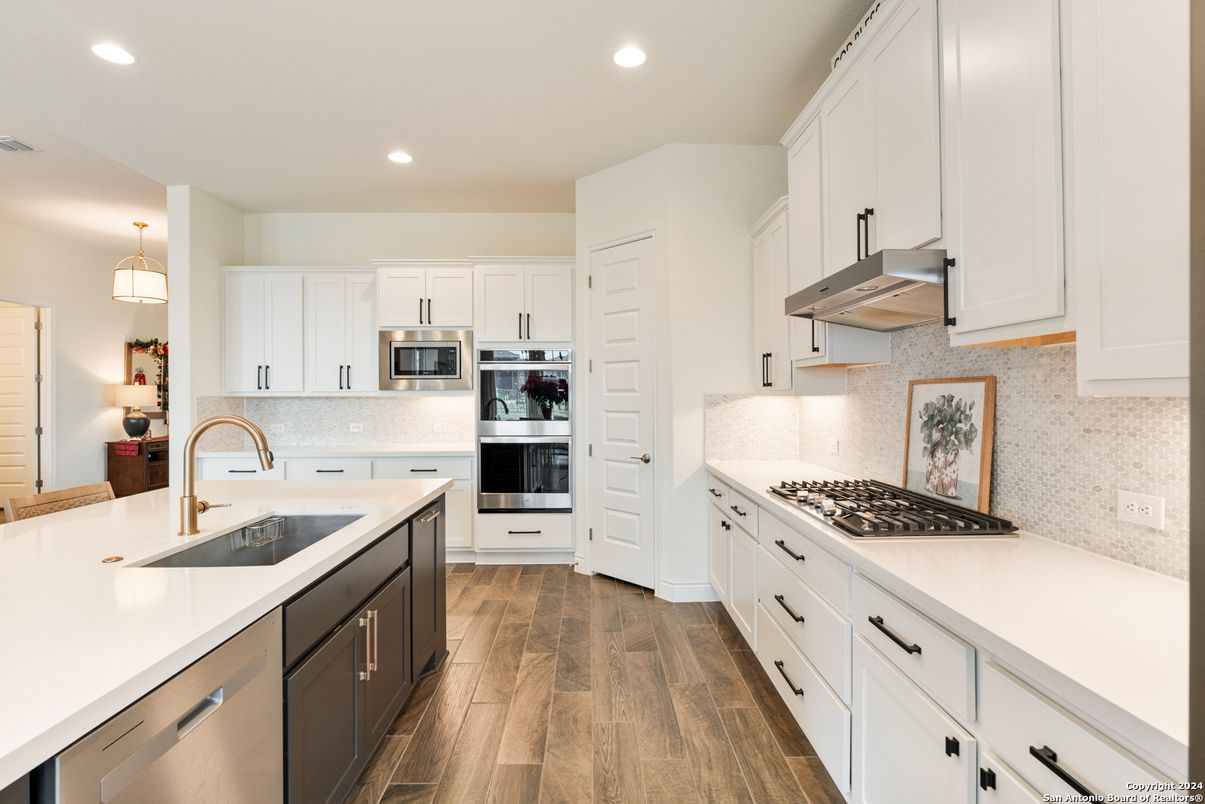 Interior, Kitchen, Pendant Lights, Recessed Lighting, Stainless Steel Appliances, Wood Texture Flooring