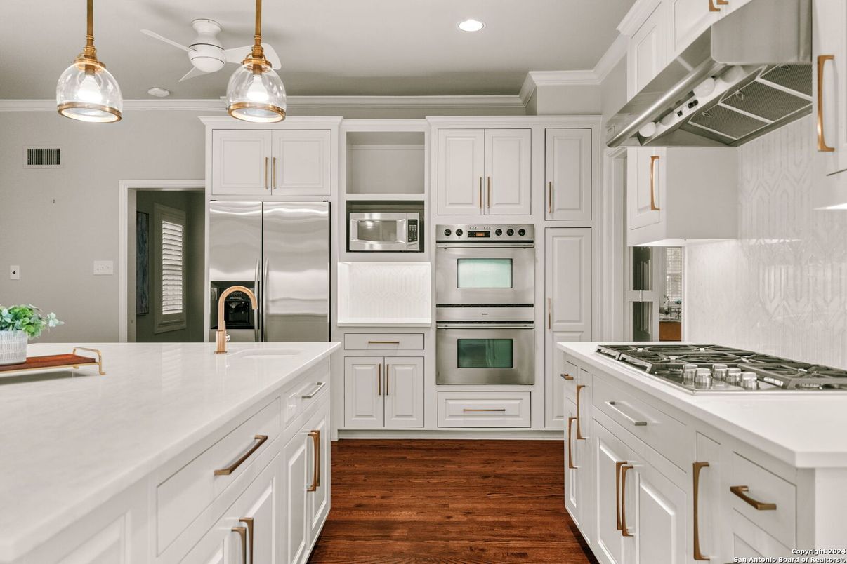 Interior, Kitchen, Pendant Lights, Recessed Lighting, Stainless Steel Appliances, Wood Texture Flooring