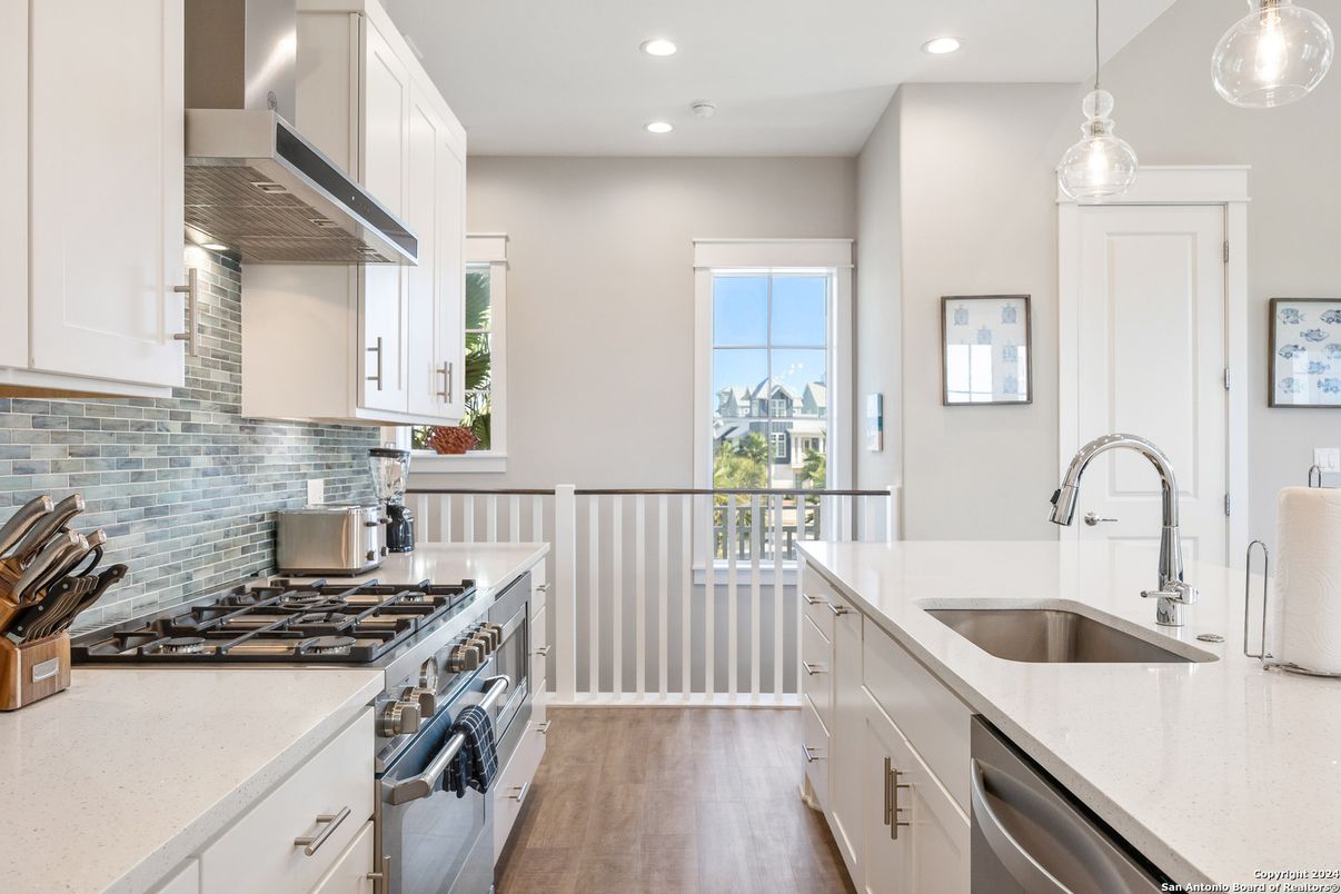 Interior, Kitchen, Pendant Lights, Recessed Lighting, Stainless Steel Appliances, Wood Texture Flooring