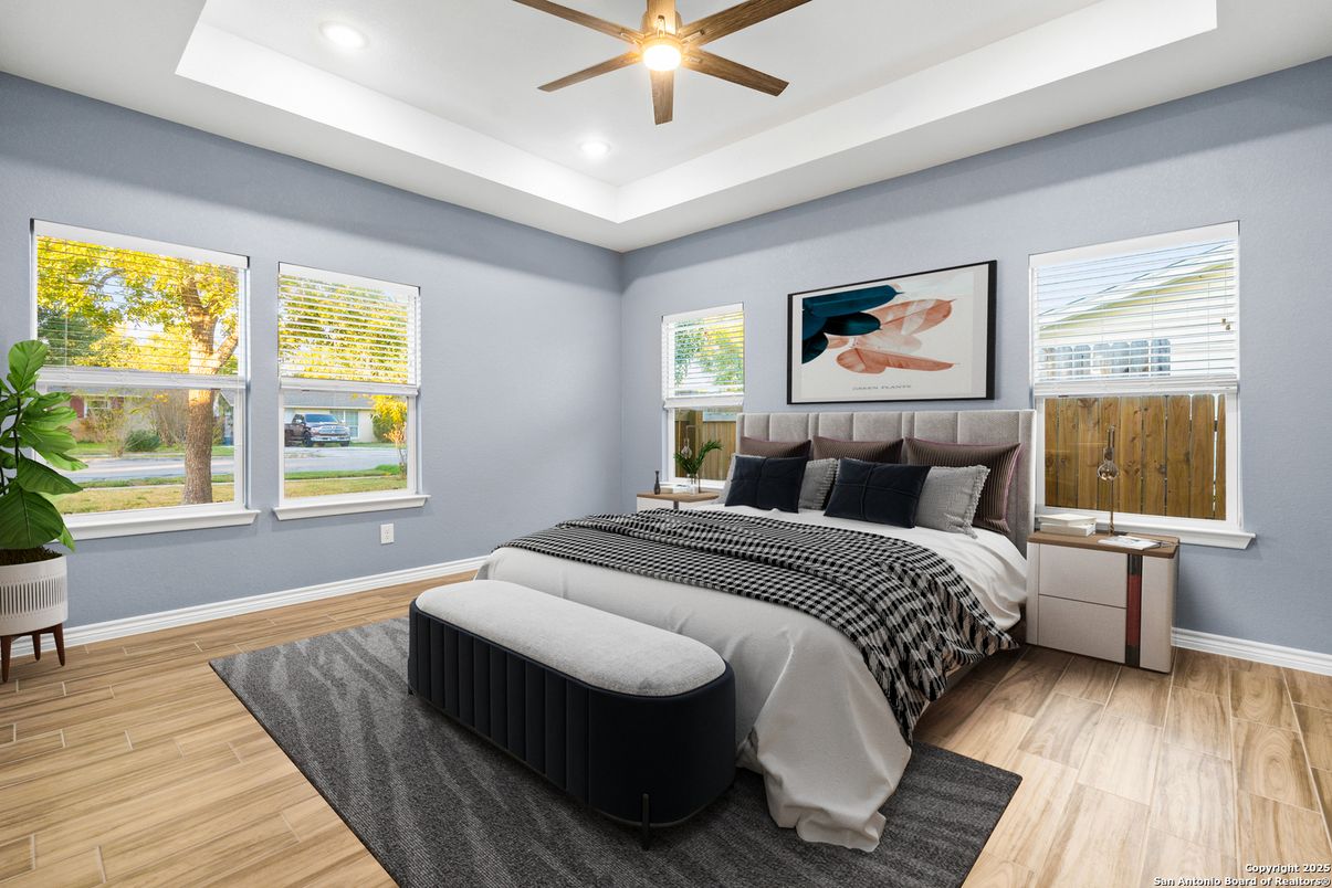 Bedroom, Interior, Recessed Lighting, Wood Texture Flooring