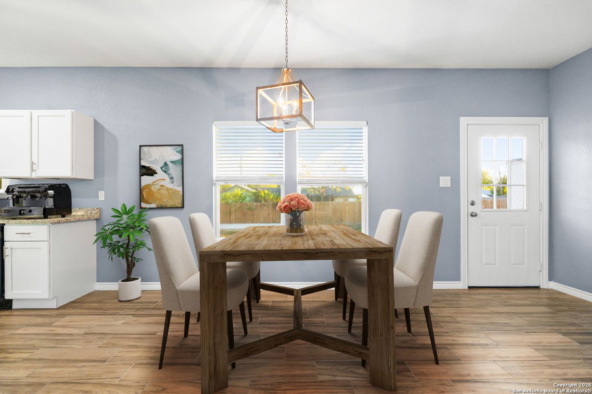Dining room, Interior, Pendant Lights, Wood Texture Flooring