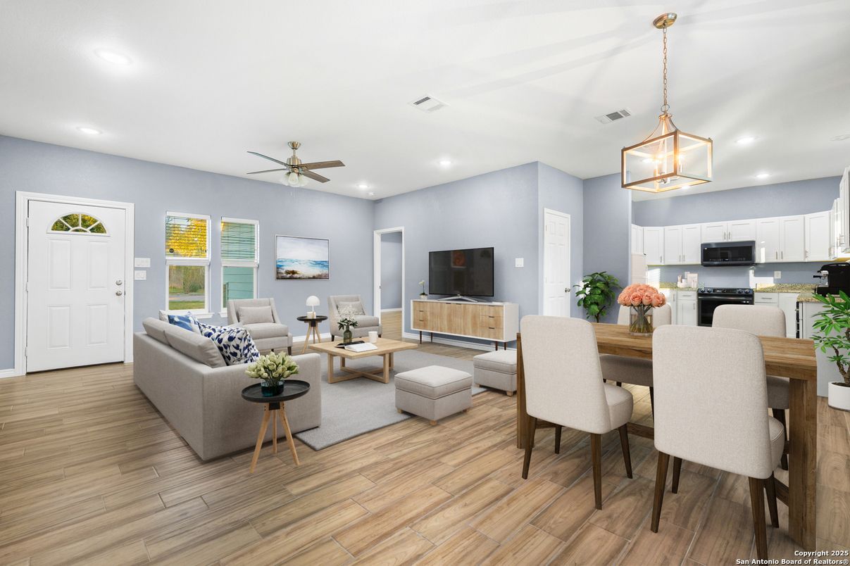 Dining room, Interior, Kitchen, Living room, Pendant Lights, Recessed Lighting, Wood Texture Flooring