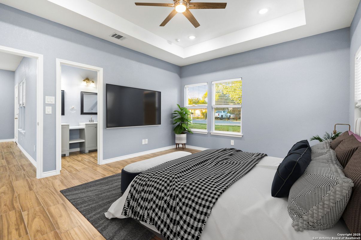 Bedroom, Interior, Recessed Lighting, Wood Texture Flooring