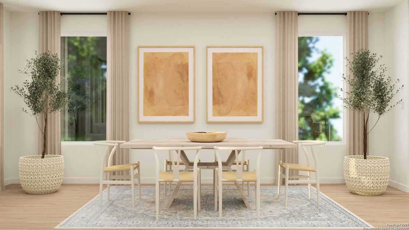 Dining room, Interior, Recessed Lighting, Wood Texture Flooring