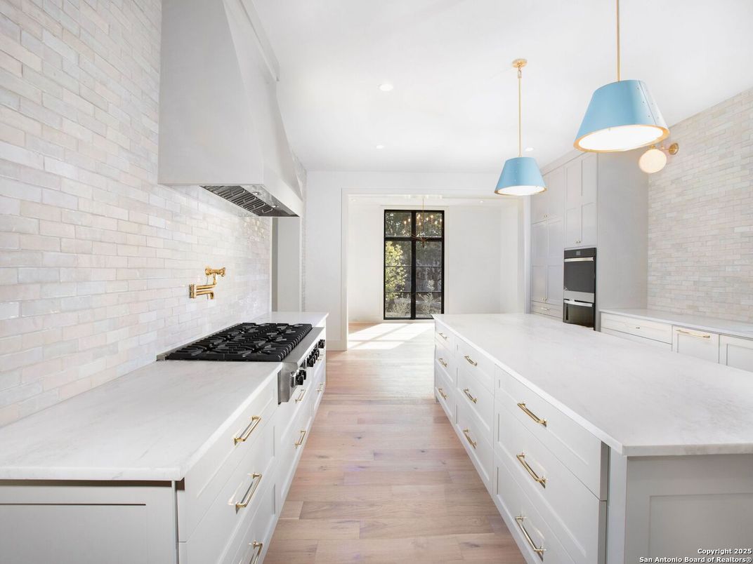 Interior, Kitchen, Pendant Lights, Recessed Lighting, Stone Walls, Wood Texture Flooring