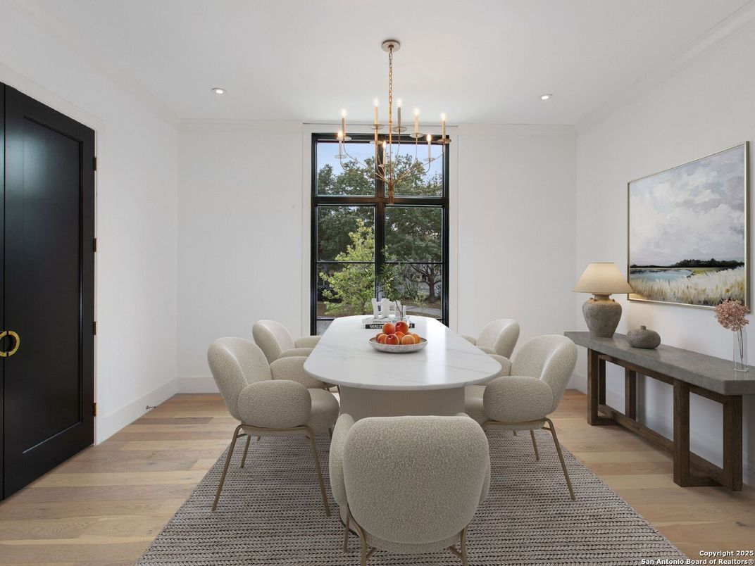 Dining room, Interior, Pendant Lights, Recessed Lighting, Wood Texture Flooring