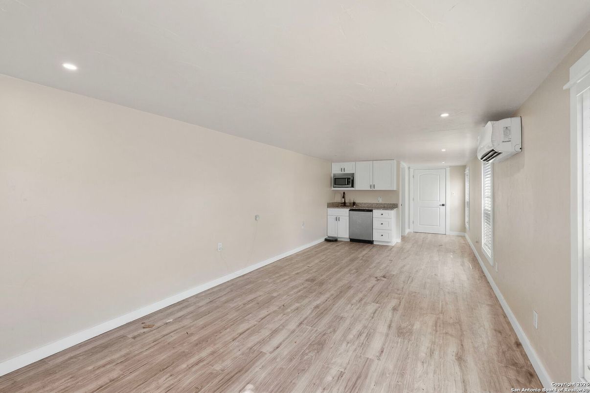 Empty room, Interior, Kitchen, Recessed Lighting, Wood Texture Flooring
