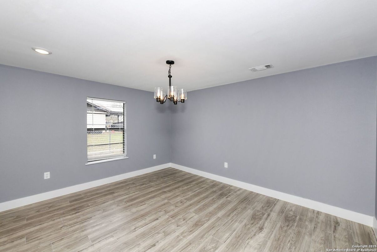 Chandelier, Empty room, Interior, Recessed Lighting, Wood Texture Flooring