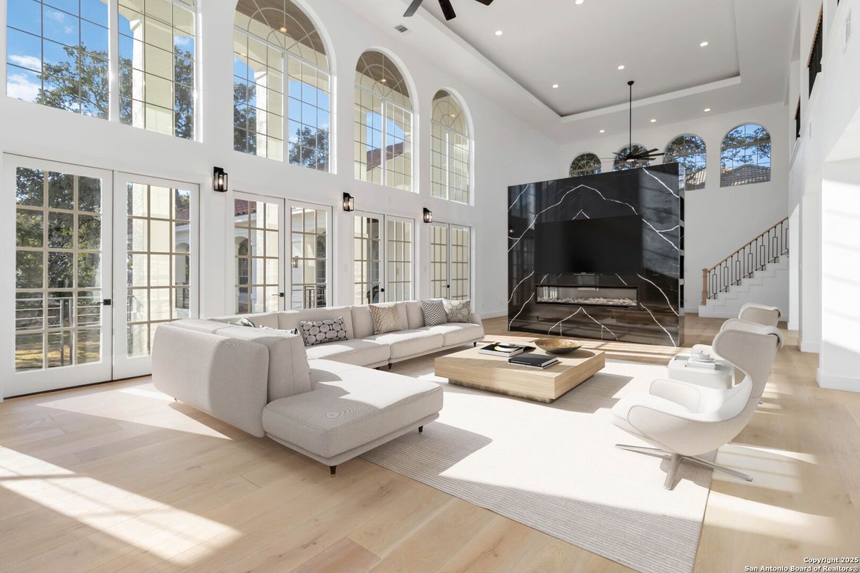Fireplace, Interior, Living room, Recessed Lighting, Wood Texture Flooring