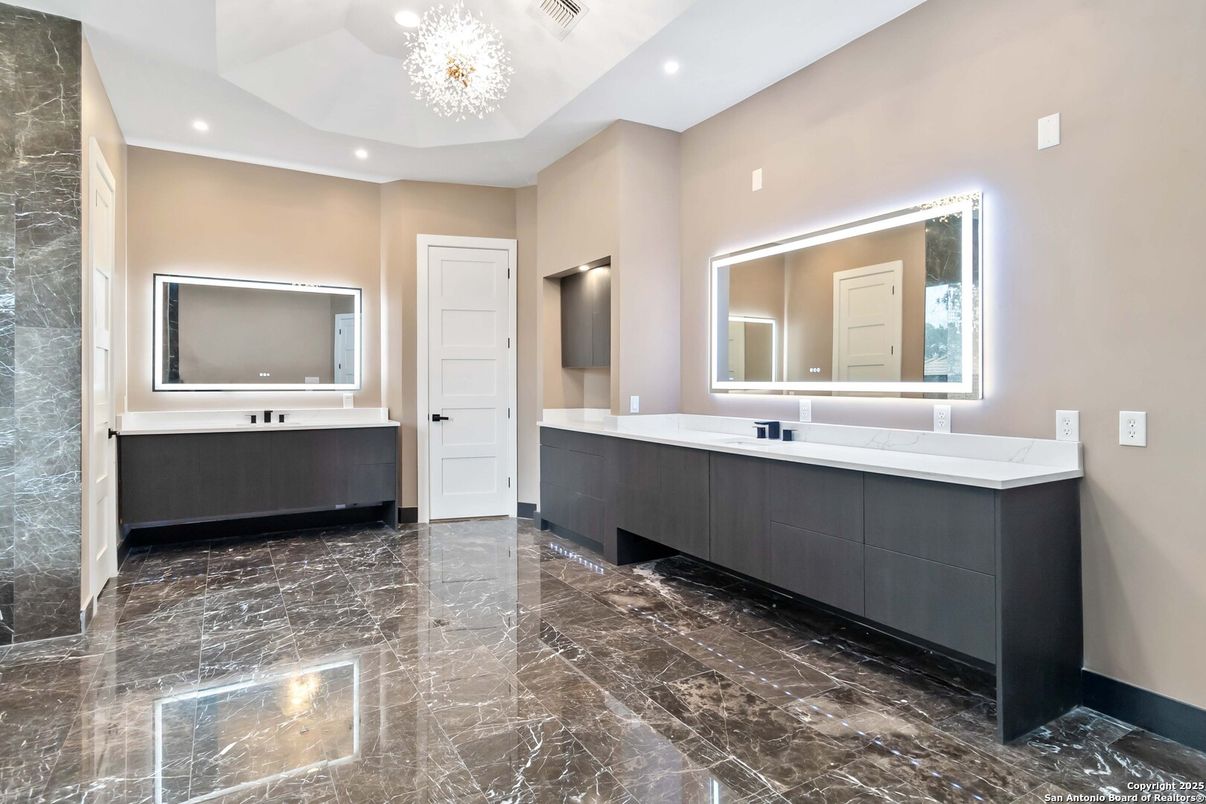 Bathroom, Chandelier, Dual Sink Vanities, Interior, Marble, Recessed Lighting