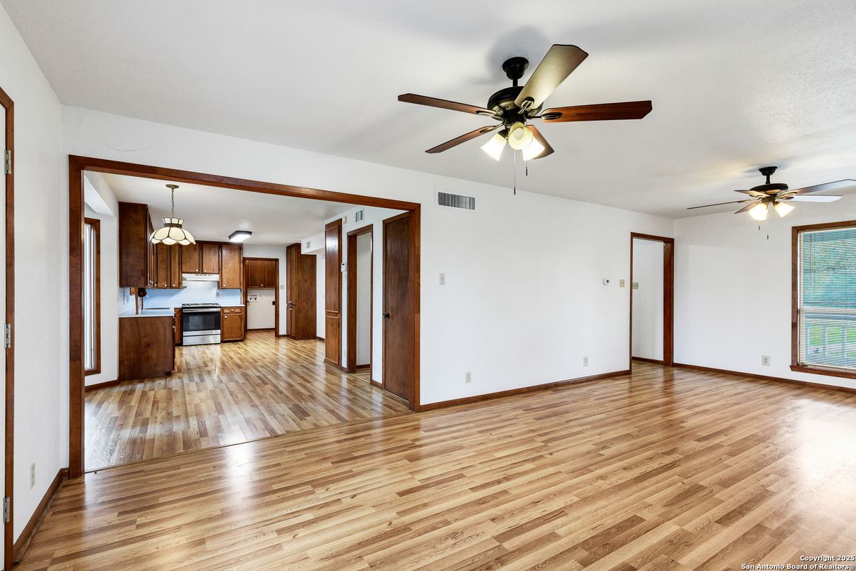 Empty room, Interior, Kitchen, Pendant Lights, Wood Texture Flooring