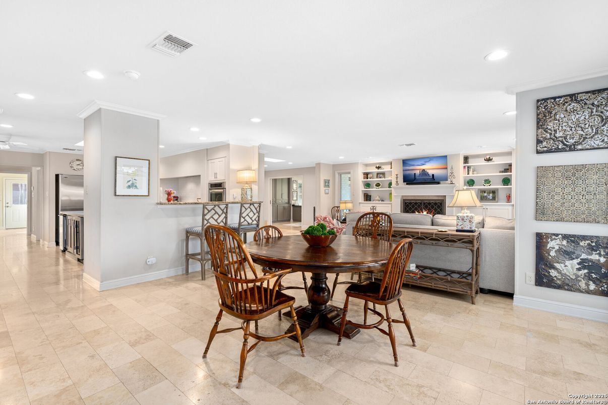 Dining room, Fireplace, Interior, Kitchen, Living room, Recessed Lighting