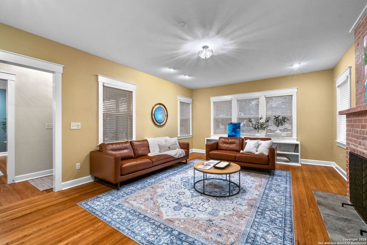 Fireplace, Interior, Living room, Recessed Lighting, Wood Texture Flooring