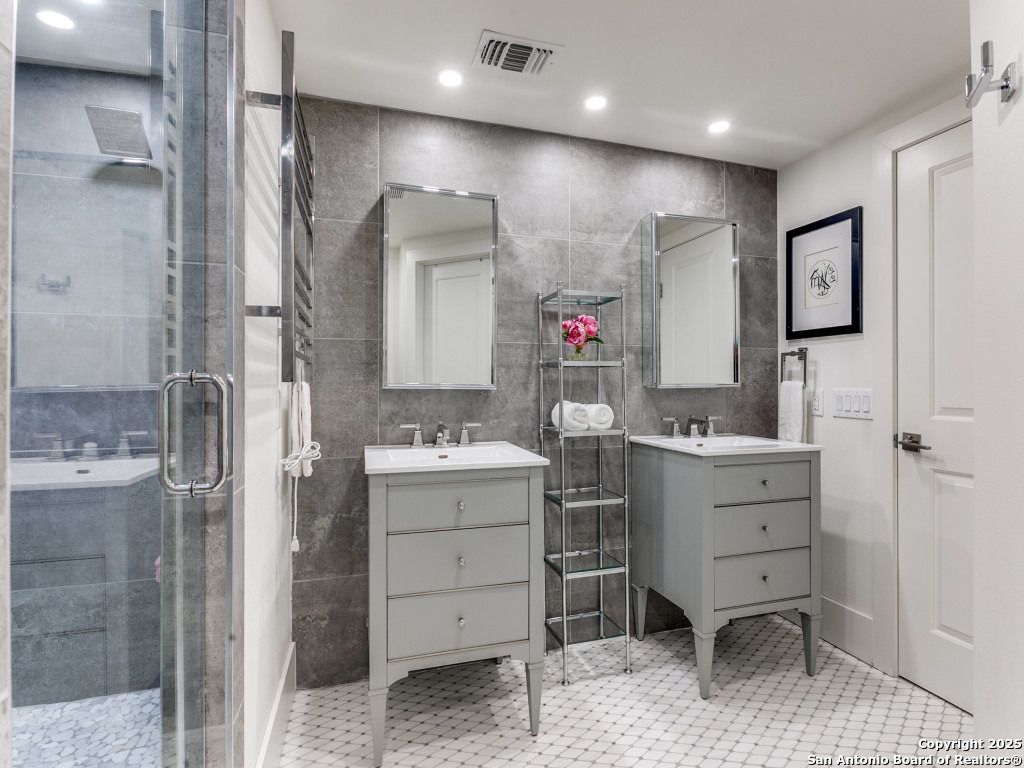 Bathroom, Dual Sink Vanities, Glass Shower, Interior, Recessed Lighting