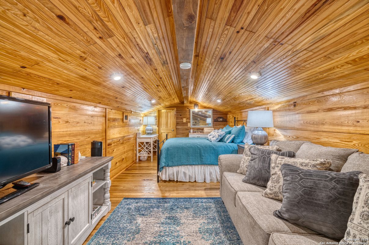 Bedroom, Interior, Living room, Recessed Lighting, Wooden Ceilings, Wood Texture Flooring, Wooden Walls