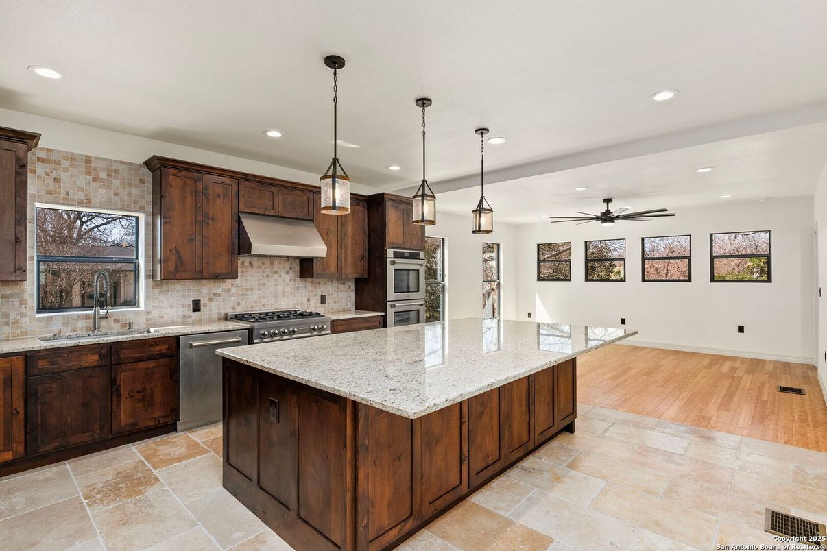 Interior, Kitchen, Pendant Lights, Recessed Lighting, Stainless Steel Appliances, Wood Texture Flooring