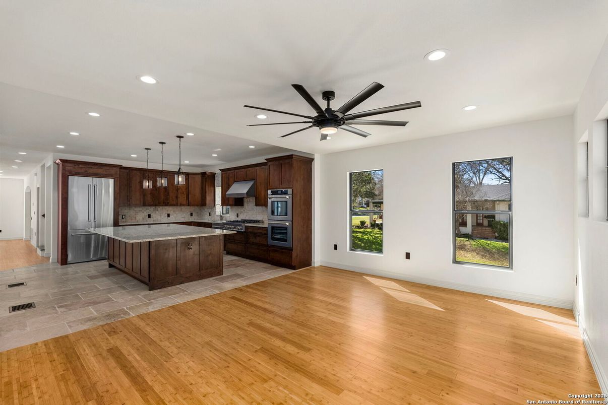 Interior, Kitchen, Pendant Lights, Recessed Lighting, Stainless Steel Appliances, Wood Texture Flooring