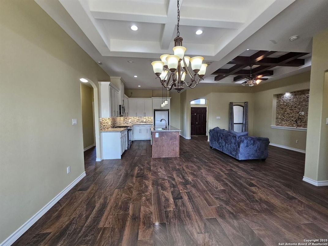 Chandelier, Interior, Kitchen, Pendant Lights, Recessed Lighting, Wood Texture Flooring