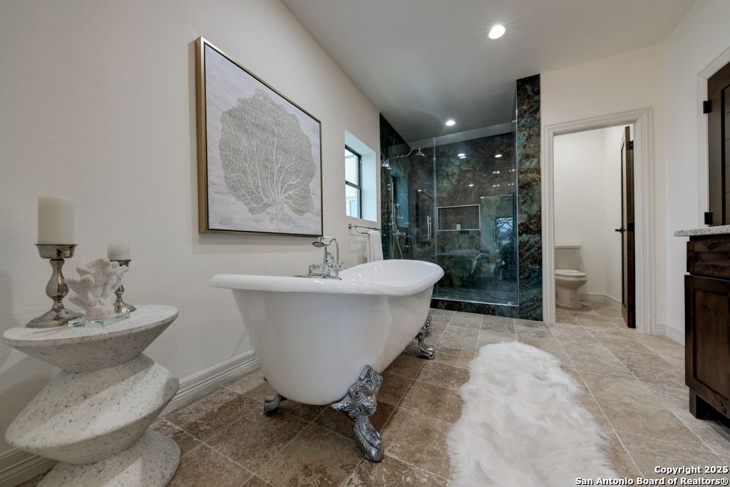 Bathroom, Free Standing Baths, Glass Shower, Interior, Recessed Lighting