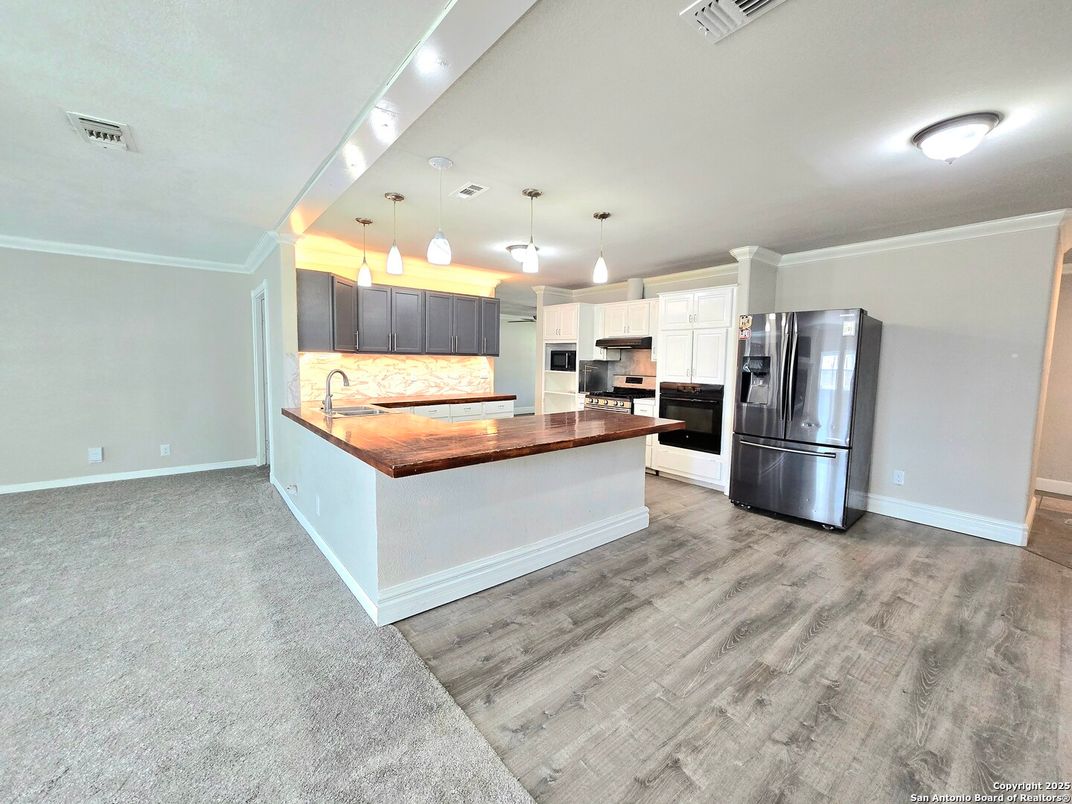 Interior, Kitchen, Pendant Lights, Stainless Steel Appliances, Wood Texture Flooring
