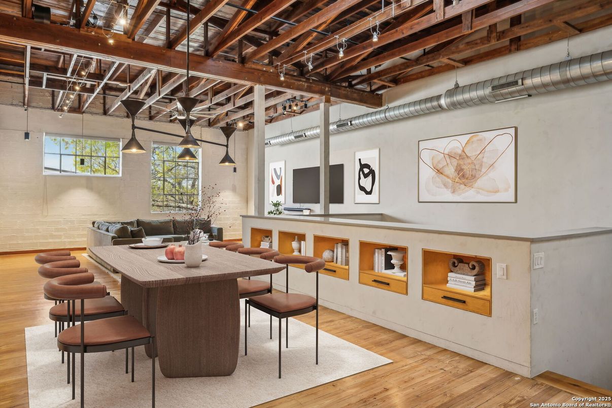 Dining room, Interior, Pendant Lights, Wooden Beams, Wood Texture Flooring