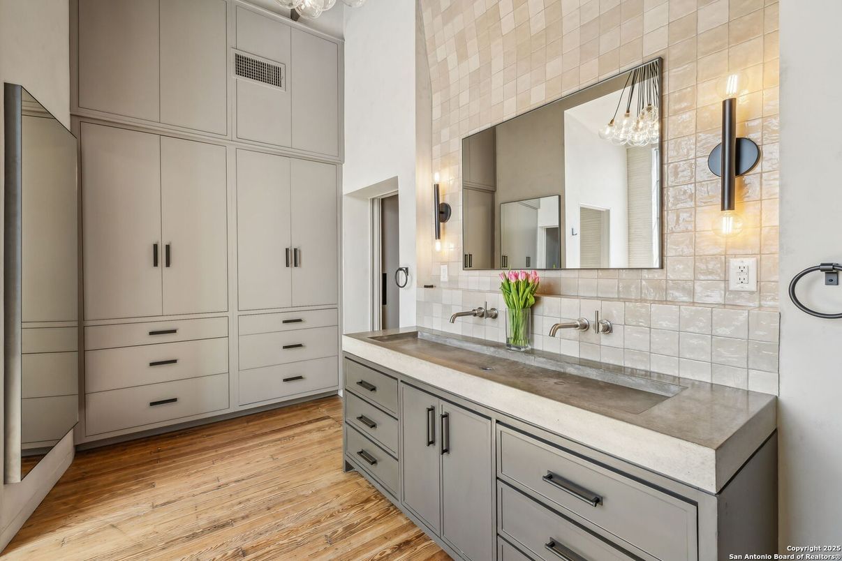 Bathroom, Chandelier, Interior, Wood Texture Flooring